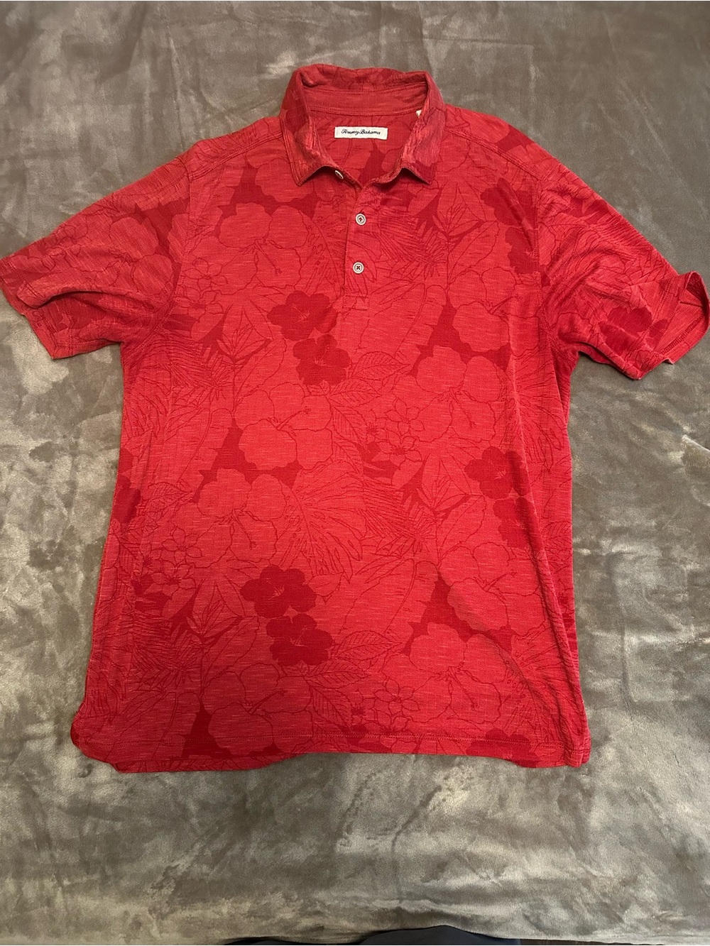 Tommy Bahama Red Tropical Hawaiian Floral Print Short Sleeve Polo Shirt Men's L